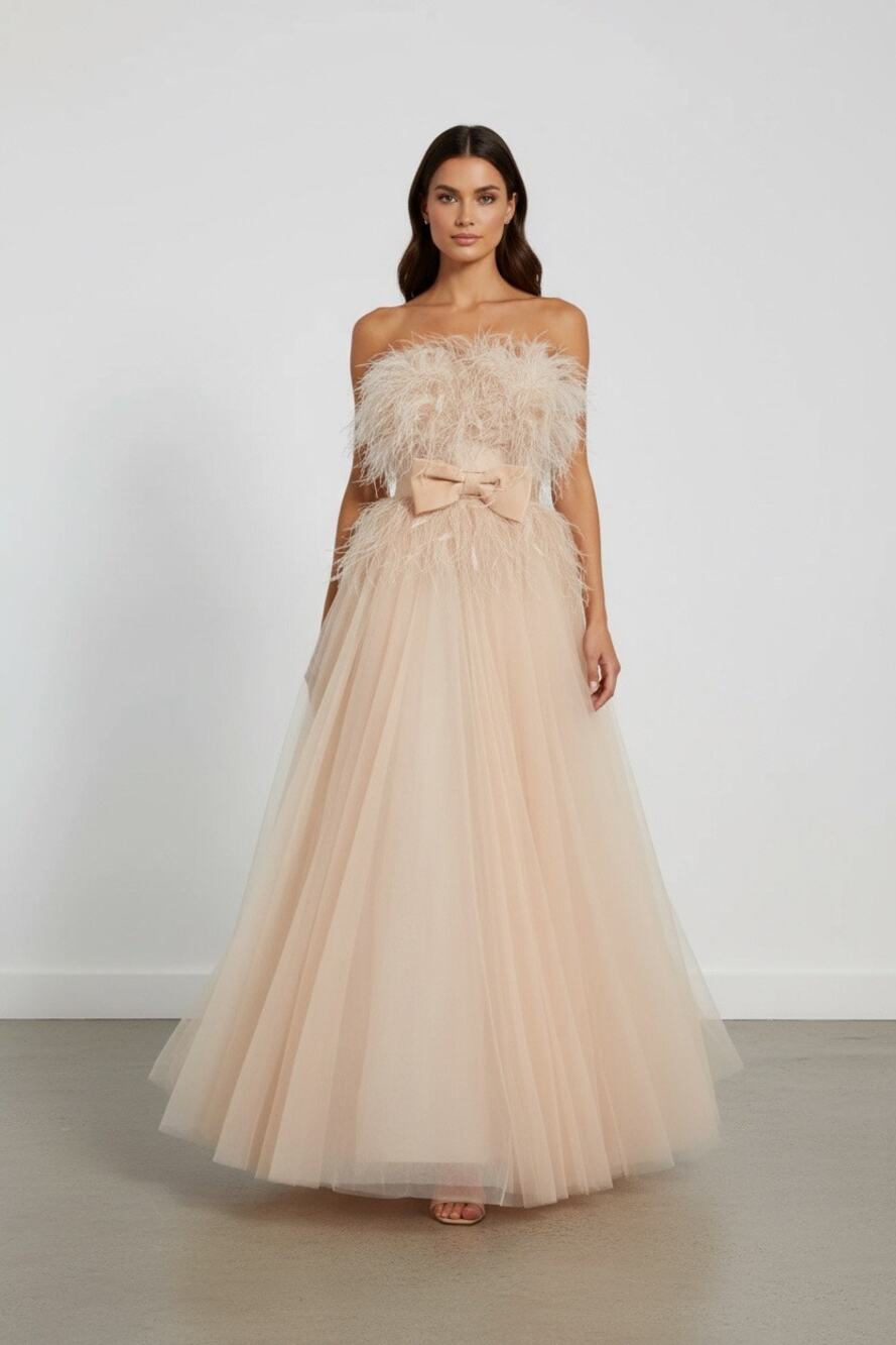 Mac Duggal Strapless Feather Bustier Ball Prom Gown 20774 Champagne Size 4 NWT